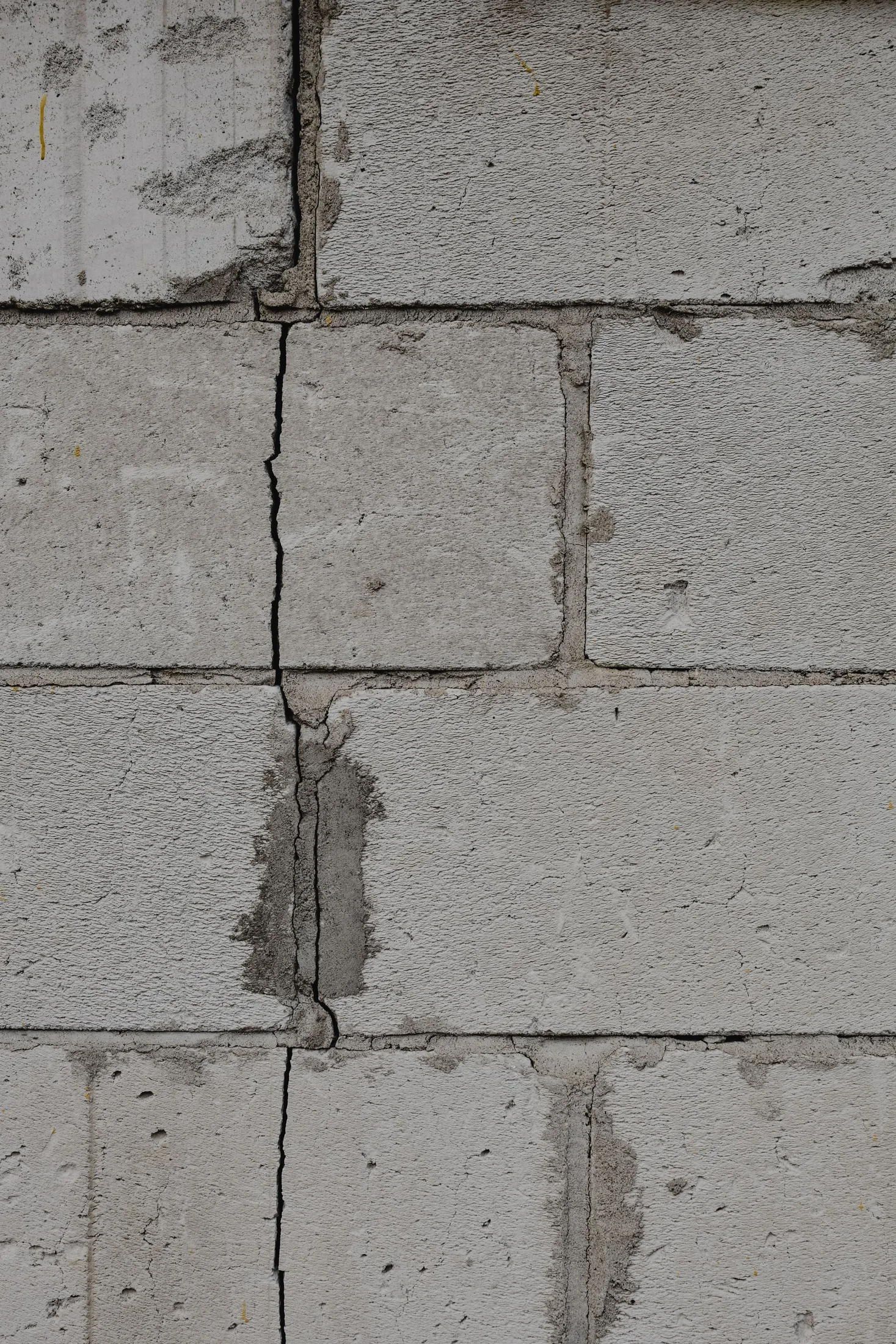 Close-up of a cracked concrete block (CMU) wall showing a structural crack through the mortar joints